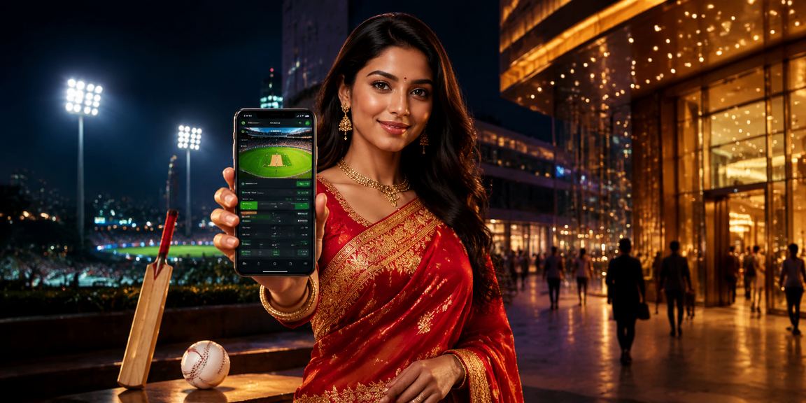 Indian woman playing Andar Bahar on smartphone with live cricket in background