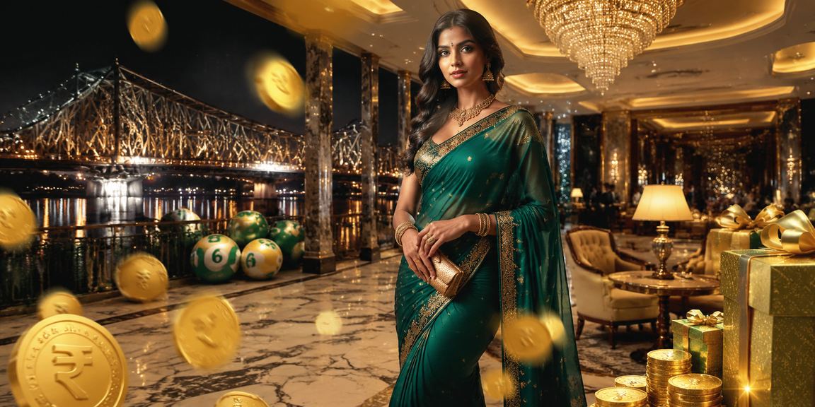 Lady playing online lottery on mobile in Kolkata wearing traditional attire
